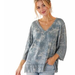 Glima Mineral Washed Knit Top Womens XL Light Blue Eyelet Sleeves Trim Boho Tee